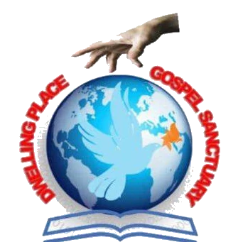 Dwelling Place Gospel Sanctuary logo: a hand reaching down to a globe and a dove, above an open Bible
